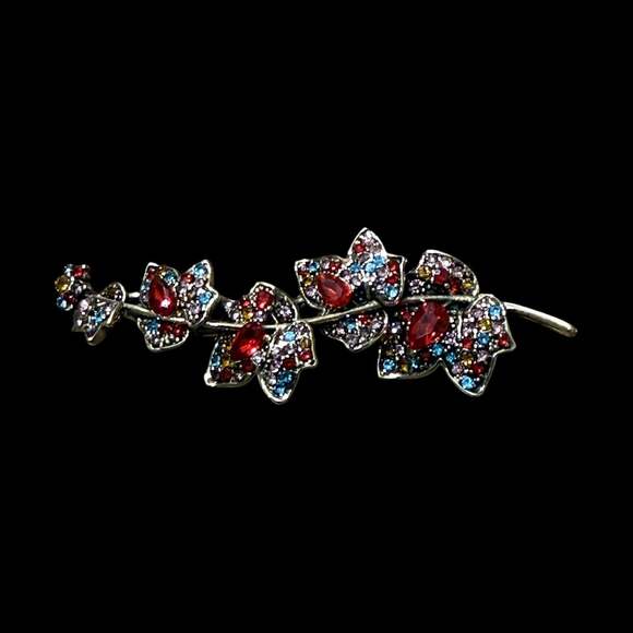 Unknown Jewelry - Leaf on Branch Multi-Colored Rhinestone Gold Tone Pendant Brooch